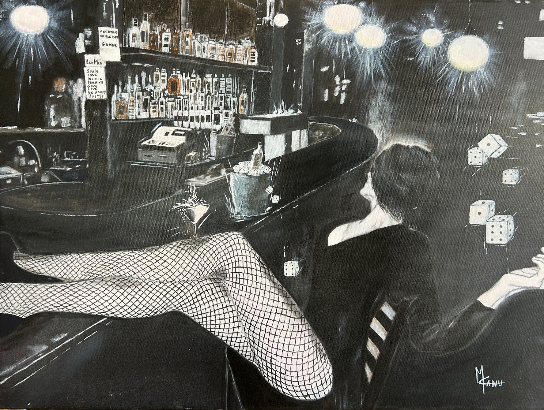 Marianna Canu Art - The Gamer | Oil on Canvas 24 x 18 Black and White 